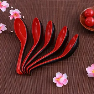 5pcs Soup Spoons Japanese Style Rice Spoons Melamine Spoon Sauces Soup Spoon Porridge Spoon Ramen Pho Wonton Dumpling Red and Black Spoons for Restaurant Supplies
