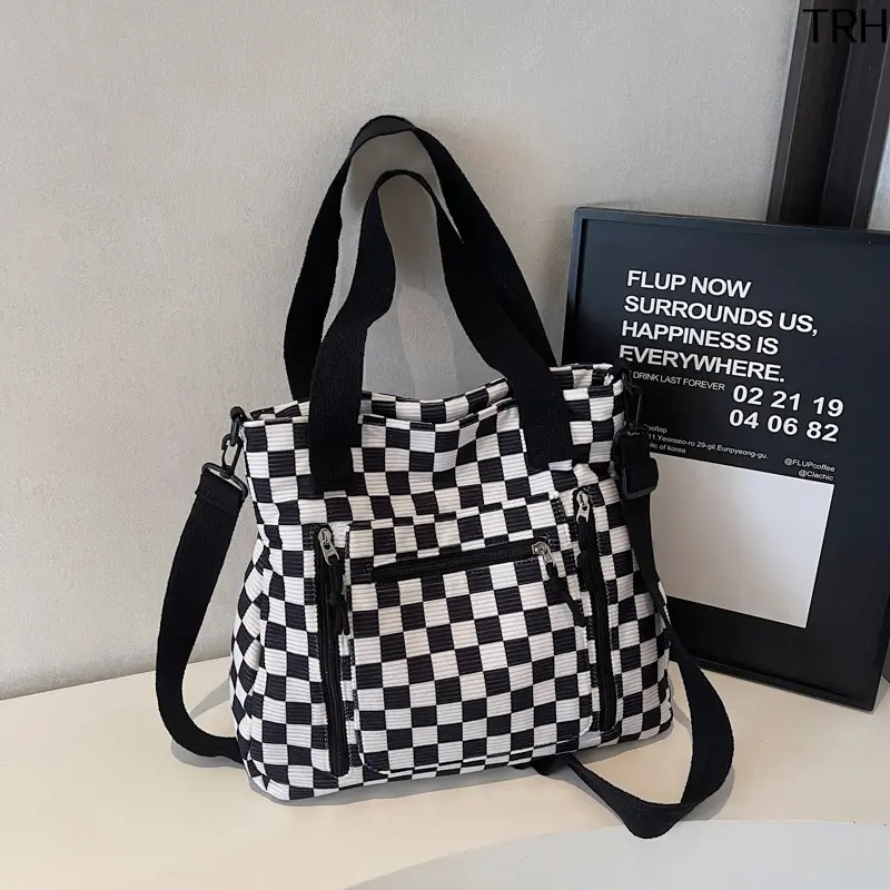 Checkered Corduroy Tote Bag for Women, Large Capacity Casual Shoulder Handbag, Convertible Adjustable Crossbody Bag for Student Daily Commute Shopping