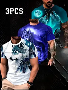 3-Pack Summer Men's Fashion Wolf King Print T-Shirts, Casual Streetwear Slim-Fit Short Sleeve Tees, Casual Stylish Tee, All-Over Print, Outdoor Wear, Casual Streetwear Looks