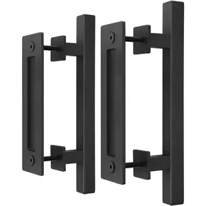 2 Pack 12" Sliding Barn Door Handles and Pulls Hardware, Rustic Double Sided, Heavy Duty, Matte Black  Coated, Easy Install, Square