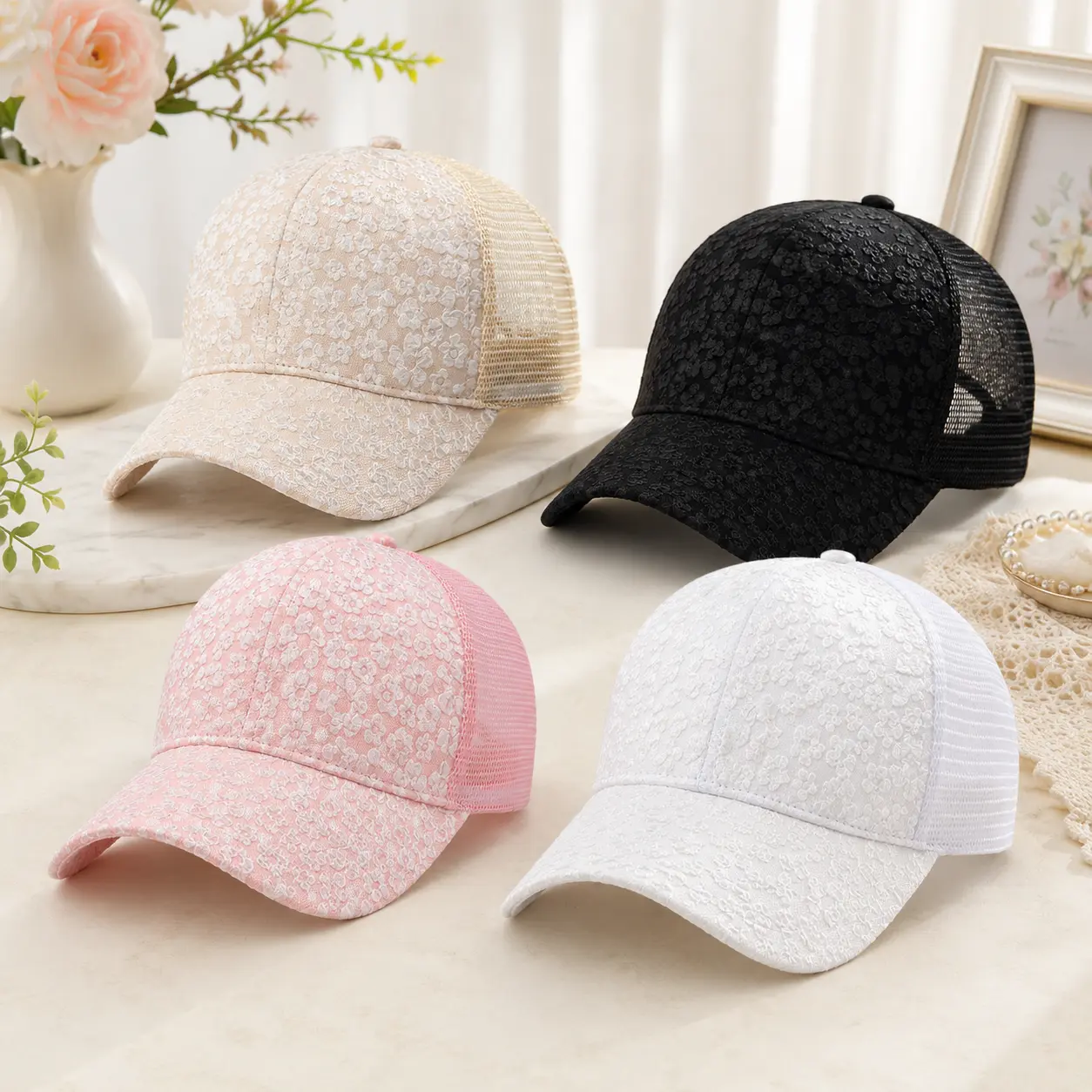 Viral lace trucker hat for women, cute floral mesh cap, trendy coquette-style baseball hat, feminine fashion accessory, summer casual streetwear hat