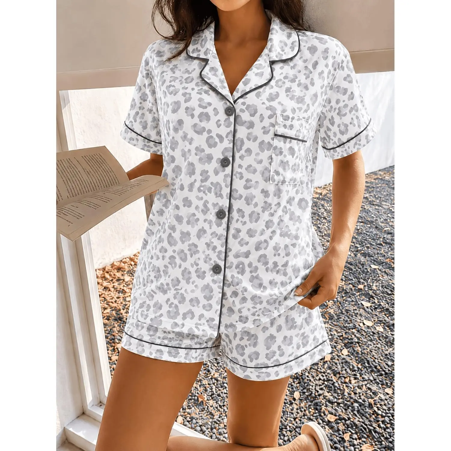Women's Grey Leopard Print Pajama Set, Short Sleeve Button-Up Top & Shorts, Soft 2-Piece Loungewear for Sleep & Home Relaxation
