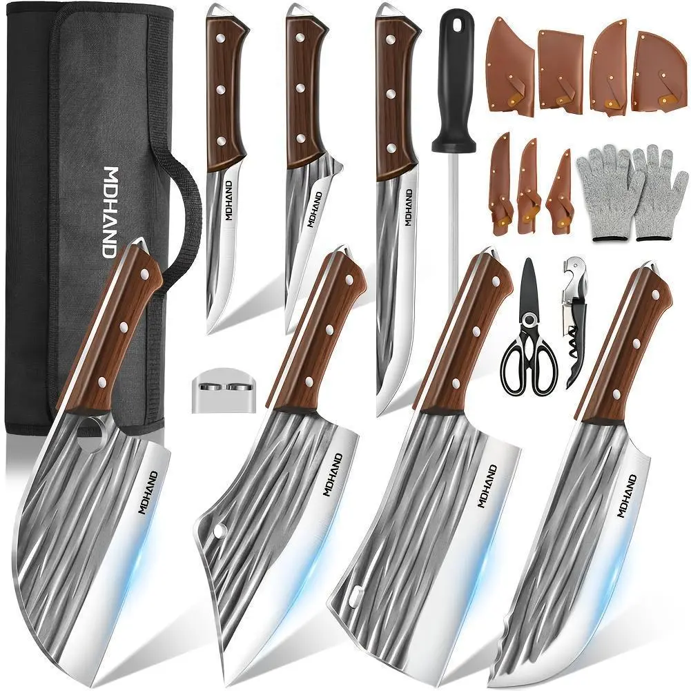Professional 14 Piece Kitchen Chef's Knife Set Includes Roll Bag 3-7 Inch, Butcher, Cleaver, Boning, Practical