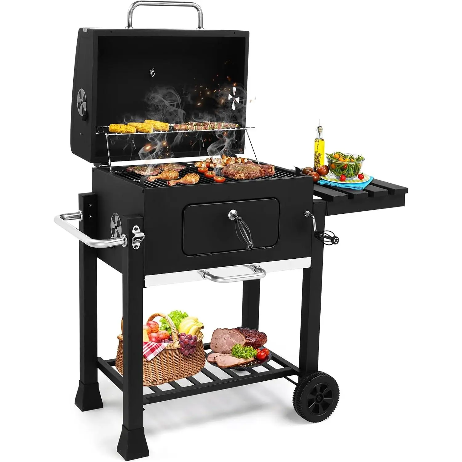 Large Barrel BBQ Charcoal Grill - Freestanding Charcoal Burner Barbecue Grill with 794 sq.in. Cooking Area, Height-Adjustable Tray, Foldable Side Table for Backyard Gatherings, Patio Garden Parties