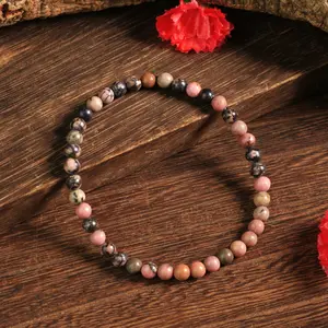 Natural Rhodonite 4mm Round Beaded Handmade Bracelet Protection Gemstone Crystal Stretch Men Women Yoga Bracelet Gift
