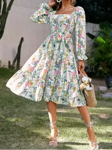 Square Neck Flounce Long Sleeve High Waist Flared Dress, Loose-Fitting Dress, Elegant Chic Women's Fashion for All Seasons