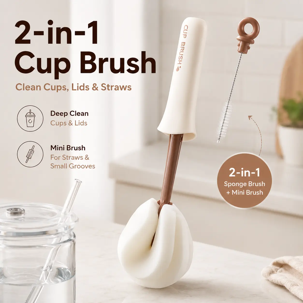 2-in-1 Long Handle Bottlewasher - Self-Wringing Squeezer, Cleaning Sponge, Foam Function, Hangable Waterproof Tool for Newborn Supplies, Kitchen Gifts