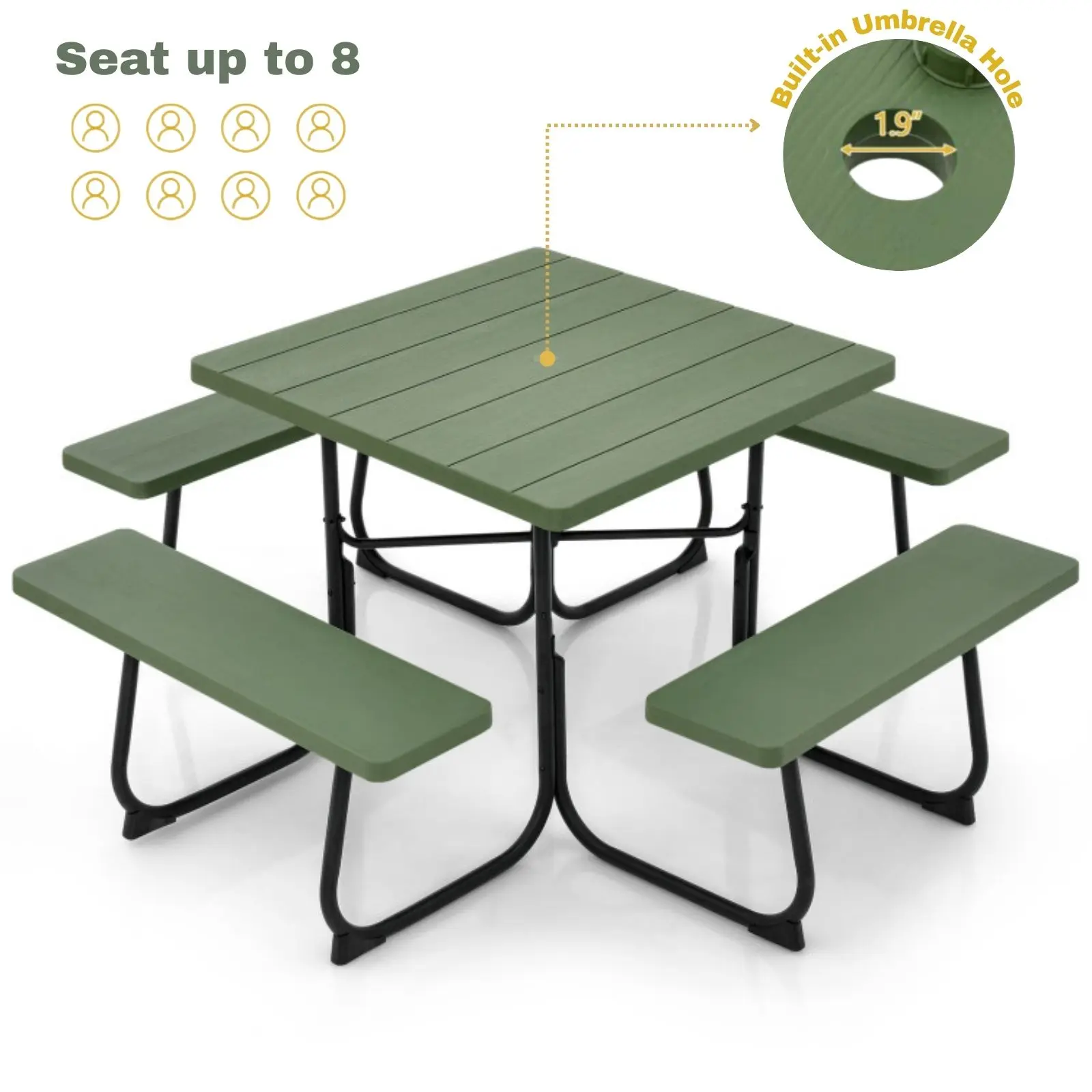COSTWAY 8 Person Picnic Table with Umbrella Hole, Outdoor Square Picnic Table with 4 Built-in Benches, Metal Frame & HDPE Tabletop, Outside Table and Bench Set for Garden, Backyard, Porch, Patio -COSTST