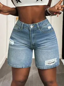 Women's Plus Size Distressed Denim Mom Shorts, Jean Shorts, Straight Leg Short Pants, Casual Fashion, Comfortable Fit, Perfect for Everyday Wear