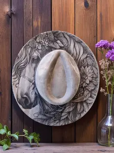 Frontier Spirit Etched Rancher Cowboy Hat Horse and Flowers Vegan Suede Engraved
