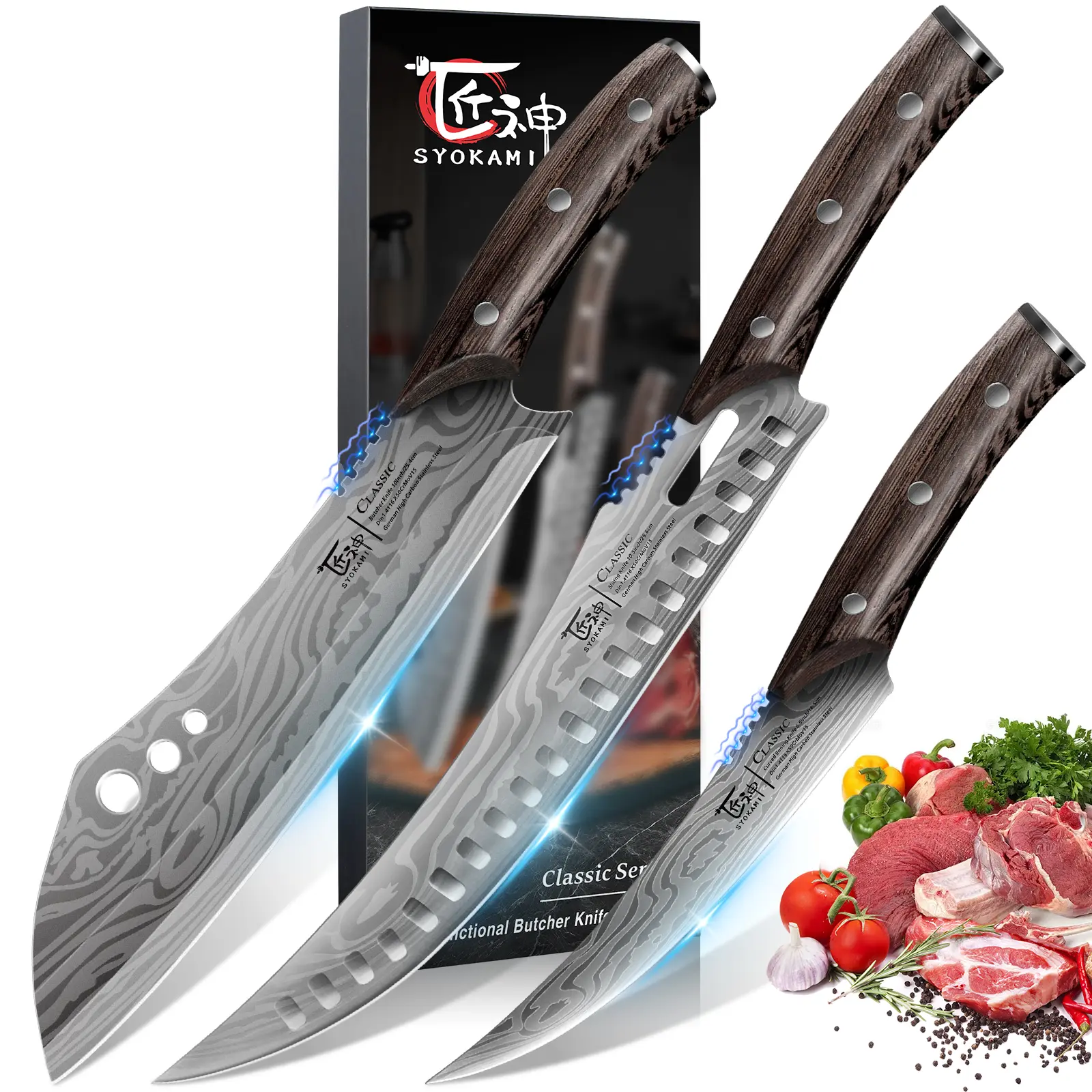【DealsForYouDays】 SYOKAMI 3PCS Butcher Knife Set, Kitchen Knife for Meat Cutting, Cleaver, Breaking & Boning Knife, Japanese Style High Carbon Steel Kitchen Knife for Chopping, Slicing, Deboning, House Warming Gifts, Mother's Day Gift