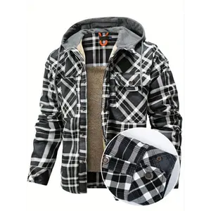 Men's Casual Plaid Hooded Jacket - Flannel Button- Shirt with Fleece Lining, Long Sleeves, and Drawstrings for Fall & Winter Comfort, Autumn Attire | Symmetrical Style | Durable Fabric
