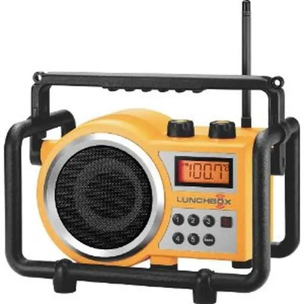 Sangean LB-100 Lunchbox Compact Industrial Digital AM-FM Radio with LCD Screen, ABS Durable Plastic Build, Audio Speaker, Digital PLL Tuner, Rain Resistant Design, Memory Presets, and Battery Compatibility