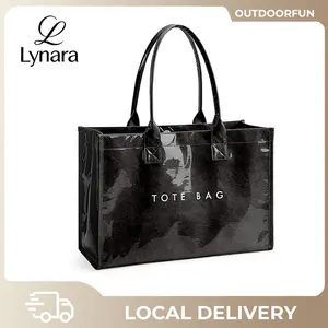 PVC Zipper Tote Bag, Kraft Paper Beach Bag Large Hobo Carry All Travel Shopping Handbag Plastic Shoulder Bag