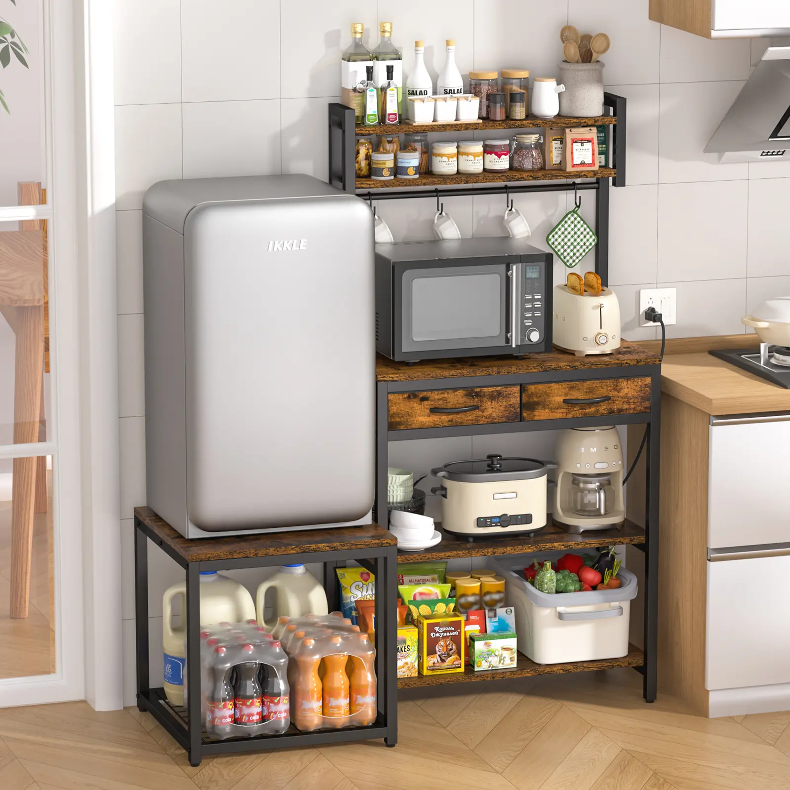 Mini Fridge Stand with Microwave Rack and Power Strip, Mini Fridge Cabinet Storage Shelf for Dorm Kitchen Living Room, Brown