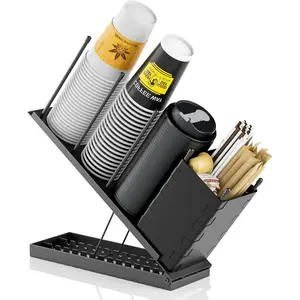 Adjustable Cup and Lid Holder with Straw Holder & Storage Box, 4-Compartment Coffee Cup Organizer Dispenser for Countertop, Office Coffee Bar Station, Dirty Soda Bar