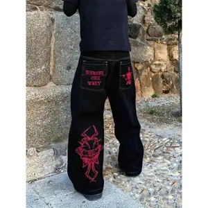 Men's Street Style Streetwear, American Vintage Skull Design Straight Leg Denim, High Waist Wide Leg Embroidered Hip Hop Fashion, Embroidered Jeans