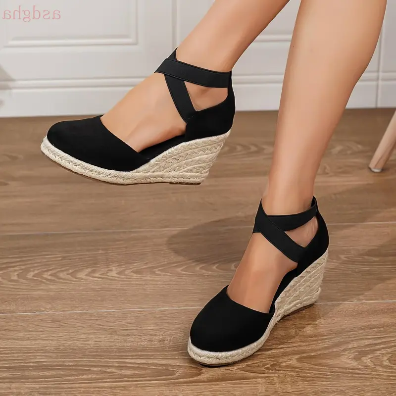 Elastic Band Women's Solid Color Trendy Espadrilles, Comfy Toe Platform Hollow Out Wedge Shoes Girl Footwear sandals women