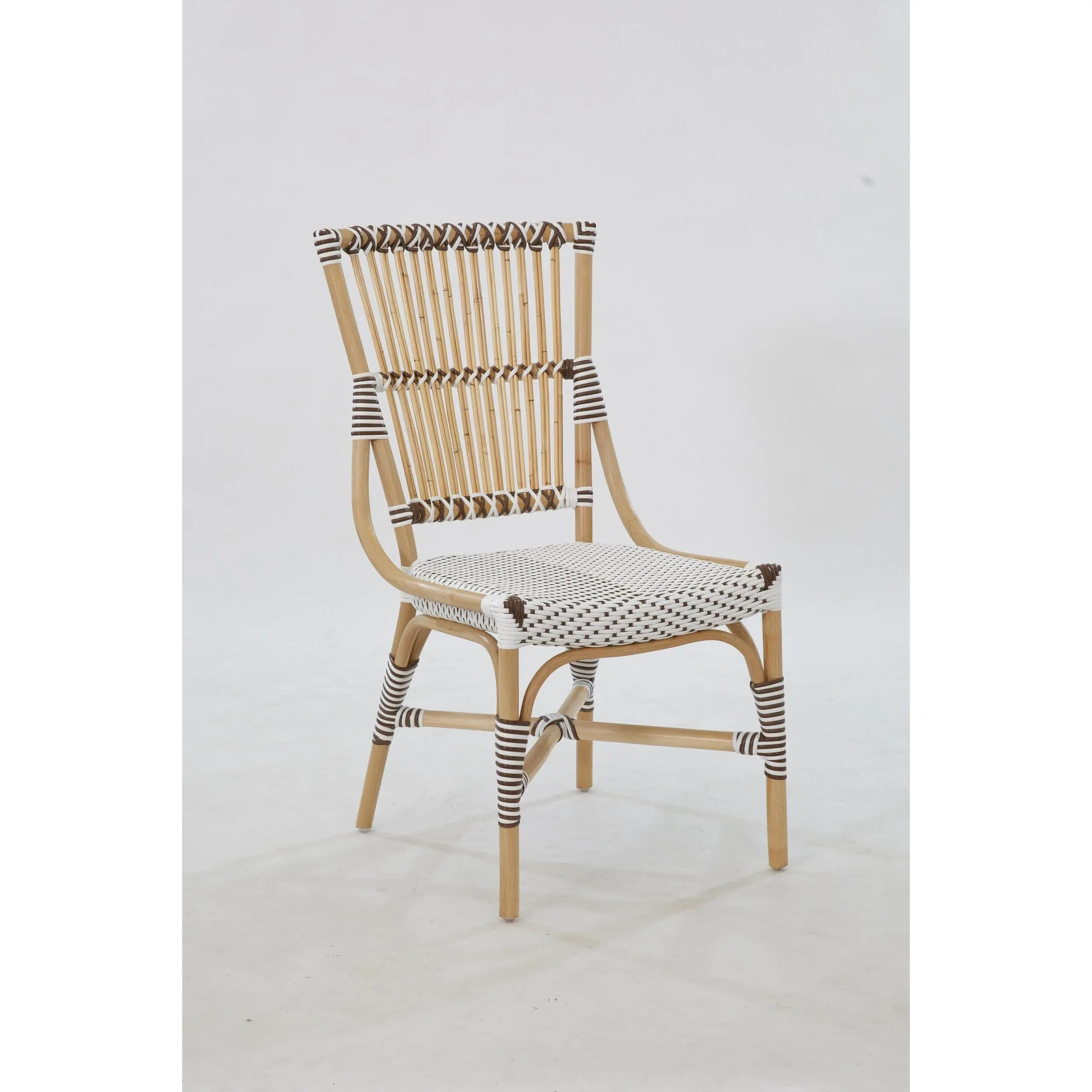 Aspen Brands Laguna Bistro Dining Side Chair - Striped White & Cappuccino Rattan Frame, 17" Seat Ht, 24" Depth, 19" Width, 36" Ht, Sponge Cushion, Indoor/Outdoor Stackable, Durable, 300lb Max Weight, Water-Washable, for Commercial & Residential Use