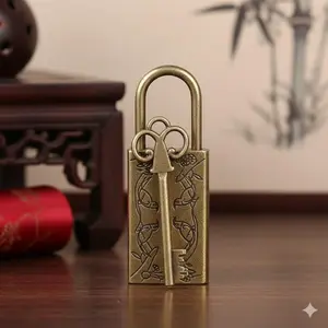 Hand-Carved Antique Brass Padlock for Vintage Wooden Jewelry Box, Medieval Style Chest Lock. Decorative Drawer & Cabinet Hardware, Wedding Decor, Collectible Security Lock for Furniture & Suitcase.