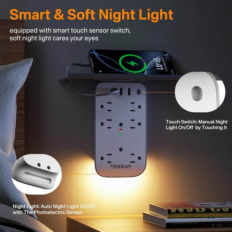 Tessan Wall Outlet Extender with Shelf Night Light Surge Protector Multi Plug Outlets USB Charger 6 AC 2 USB Ports 1 USB C for Home Office