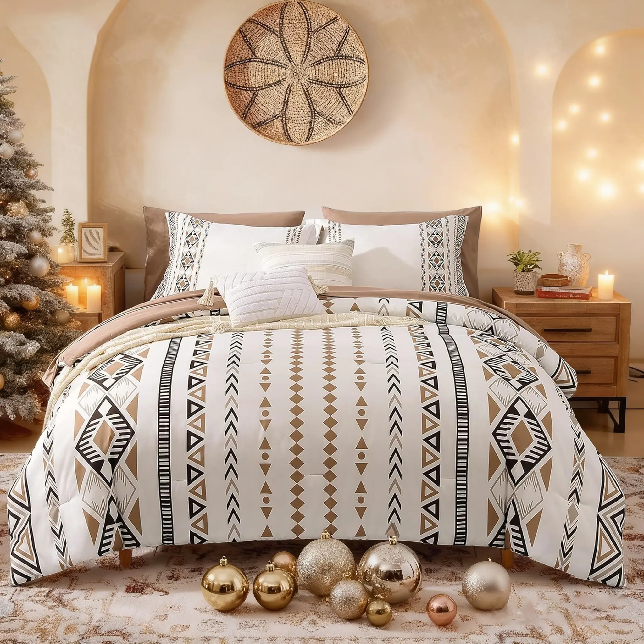 【Summer Sales Deals】Bohemian Quilt Set - 7PCS Geometric Aztec Striped Bed in A Bag, Soft All-Season Bedding Set for Bedroom Decor (Brown, 80"X90", Full/Queen/King Sizes), Bed Set
