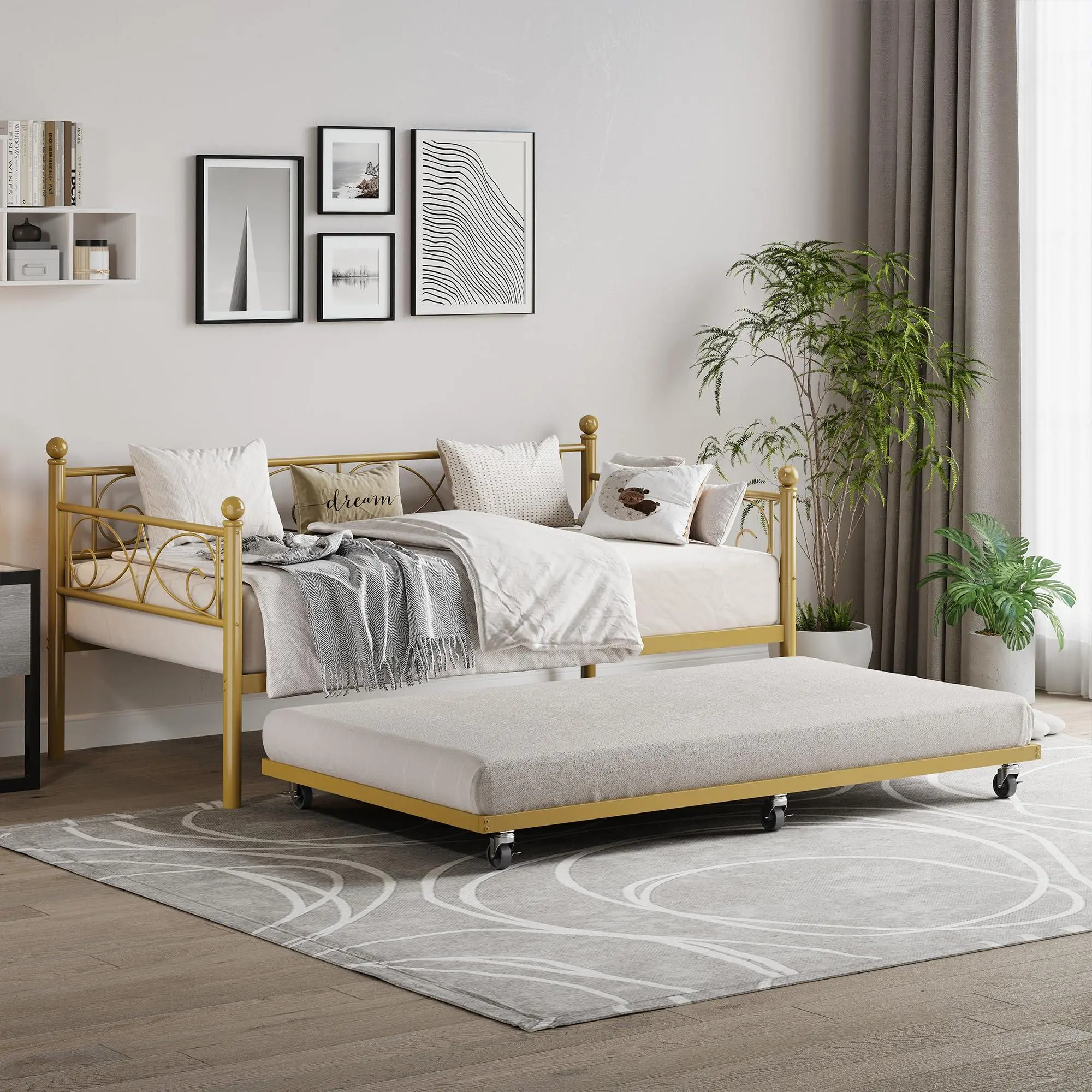 Twin Size Daybed Frame with Trundle Bed, Metal Daybed with Floral Headboard, Steel Slats Supports, Space-Saving Multifunctional for Living Room, Guest Room, No Box Spring Needed, Modern Gold
