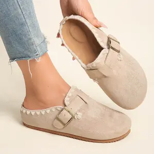 Women’s Buckle Mule Clogs, Slip-On Closed-Toe Flat Slippers with Crochet Trim, Comfortable Non-Slip Casual Shoes for Indoor and Outdoor Use