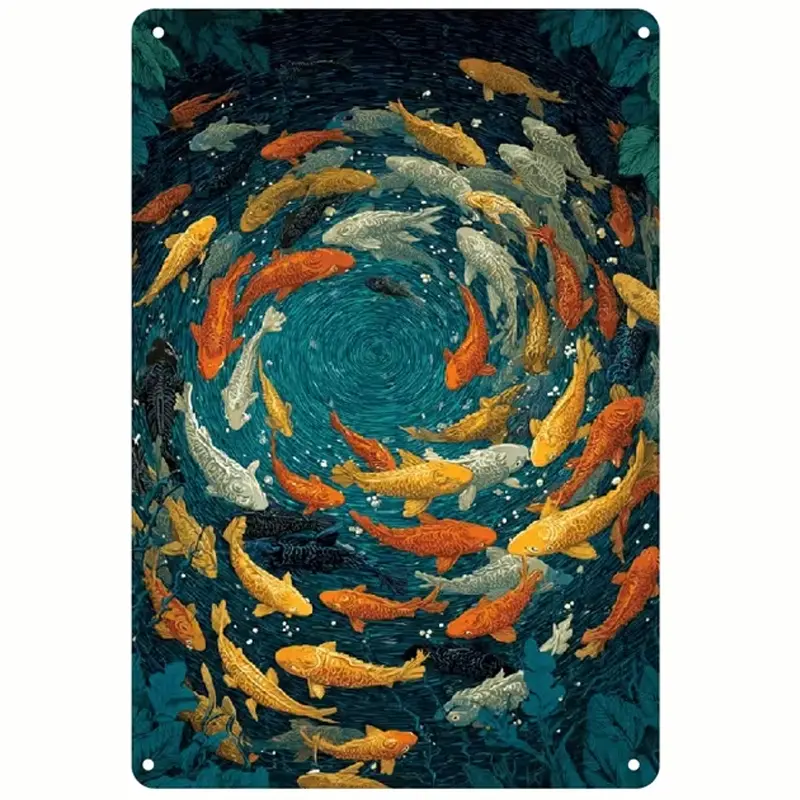 Retro Colorful Iron Metal Koi Fish Spiral Pond Wall Sign - Dark Teal Underwater Leaf Oriental Vintage Tin Plaque, Room Wall Art with Colorful Designs, Feng Shui Luck Symbol for Living Room Decor, Housewarming Gift