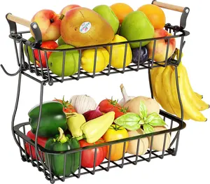 2 Tier Fruit Basket with 2 Banana Hangers – Metal Wire Countertop Organizer for Fruits, Vegetables, Bread & Snacks