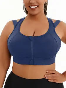 Plus Size Solid Cut Out Zipper Front Yoga Sports Bra, Sportswear Bra, Breathable Comfortable Sports Bra for Women, Gymclothes, Solid Color Bra