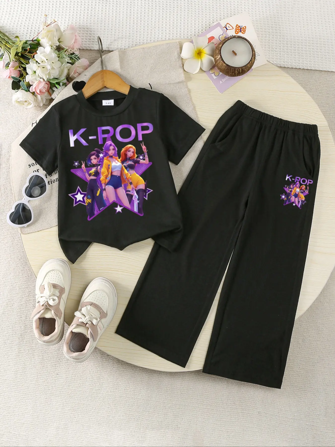Girls' Knit Set T-Shirt + Straight Leg Pants, New Cartoon Print, Casual Outdoor Sports Wear, Suitable for Girls Ages 8 and Below, Summer Outfits Set, Clothes Kids, Summer Clothing Set