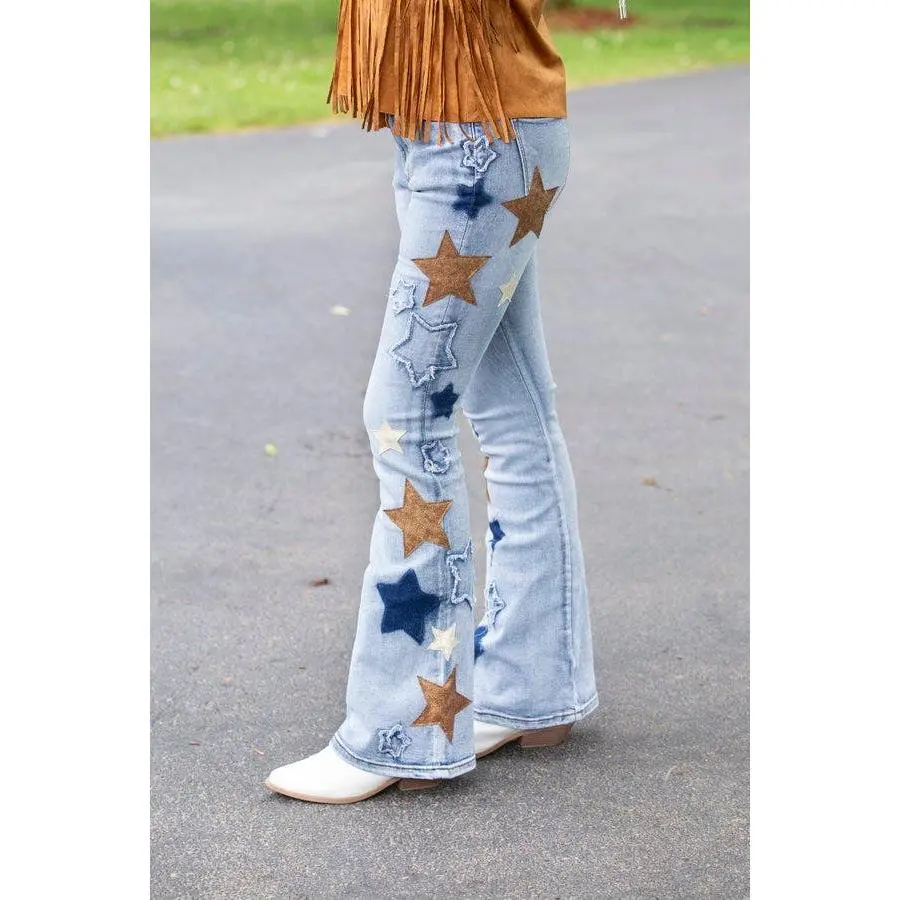 Women's Oli And Hali Star Patchwork Denim Bottoms - Cotton-Spandex Mid-Waist Casual Flared Jeans, Fringe Detail, Fits Most Body Types, True to Size (Pair with Matching Top)