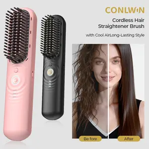 CONLWIN Cordless Hair Straightener Brush with Cool Air Long-Lasting Style, Portable Mini Travel Hair Straightener,2 in 1 Straightening & Curling Brush,for Thick Curly Hair, 350M Negative Ions for Frizz-Free, Quick Straightening,Gift for Women