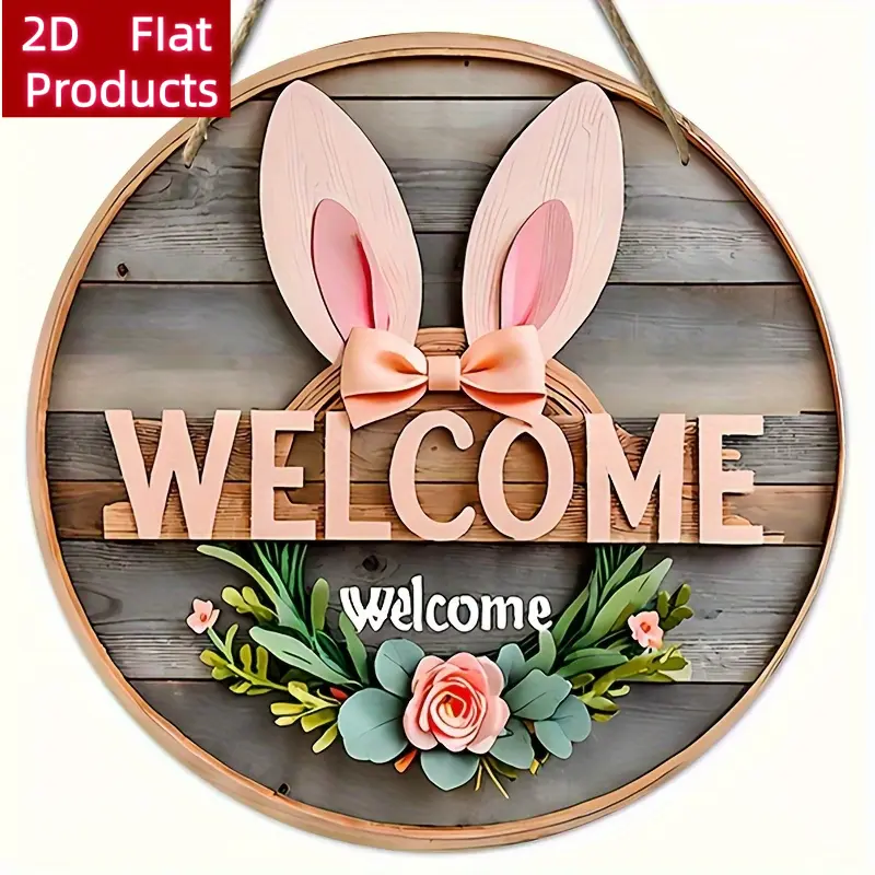 2D Vintage Wooden Welcome Sign with Ears & Wreath - 12x12" Round Hanging Rustic Wall Decor, Decorative Door Hanger, Farmhouse Signage, Easy Install, No Electricity, Retro Home/Festive Decor for Easter Gift
