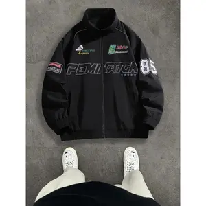 Racing Style Jacket with Embroidery and Letter Print, American Streetwear, Loose Fit High Collar Baseball Coat for Spring & Fall