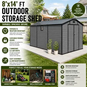 8x14 FT Plastic Outdoor Storage Shed Lockable Resin Tool Shed with 2 Windows 3 Air Vents Heavy Duty Waterproof Backyard Lawn Mower Bike Utility House Shelter Organizer Modern Dark Gray No Rust