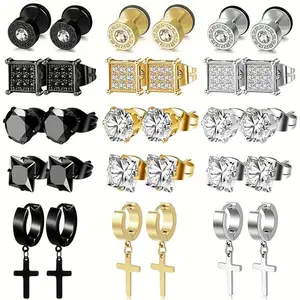 LITTLE ROOM~[15 pairs hypoallergenic earring set] 15-pair stainless steel earring set for men & women-hypoallergenic, cubic zirconia studs, dangles & Huggie hoops in black & Golden