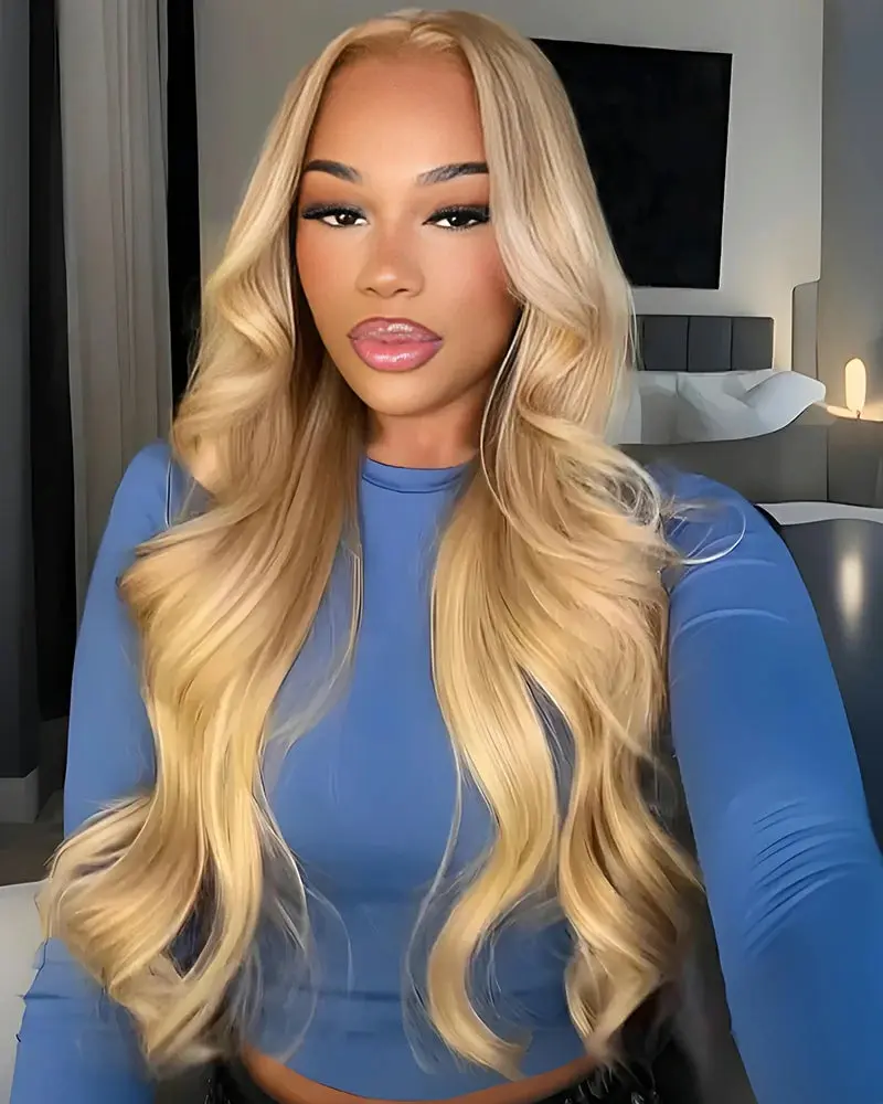 Arabella 13X6 Ear to Ear Glueless Blonde Khaki Human Hair Lace Front Wig Loose Body Wave Middle Part Natural Hairline Long Wavy Wig