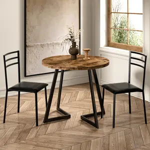 VECELO 3 Piece Kitchen Dining Room Set Round Kitchen Table with 2 Upholstered Chairs Steel Frame Dinette Marbling Tabletop for Dining Room Small Space