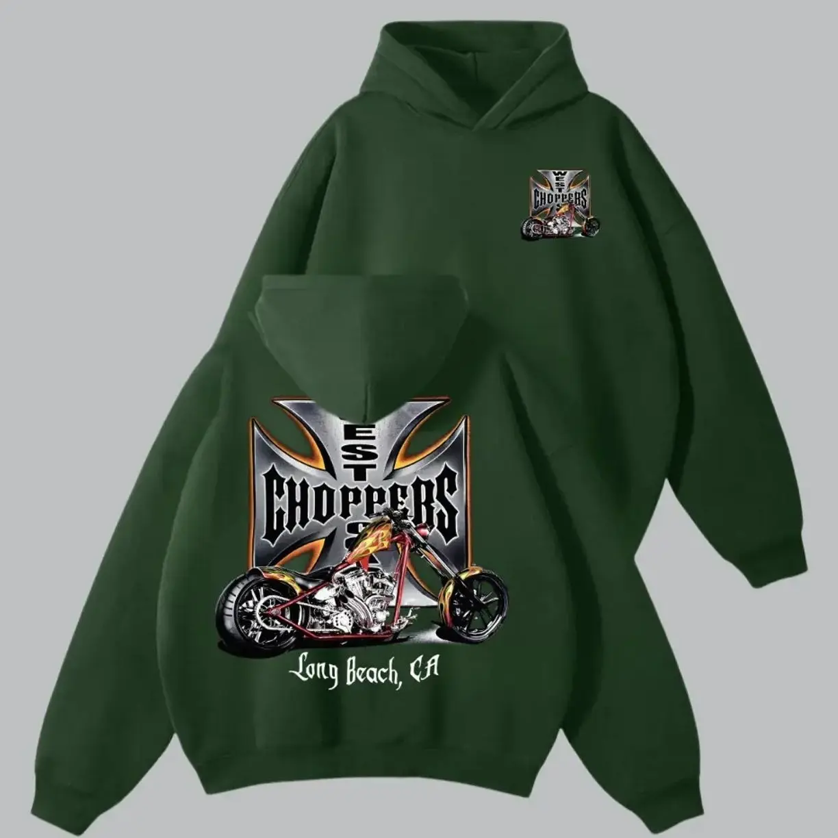 2000s West Hoodie – 2-Sided Long Beach CA Motorcycle Graphic Hoodie, Unisex Hoodie for Men & Women, Vintage Biker Style