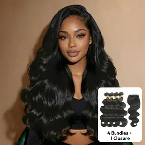 Lace Closure with Body Wave 3/4-Piece Bundles  100% Unprocessed Brazilian Virgin Hair Quick Weave Extensions Natural Black Budget Friendly