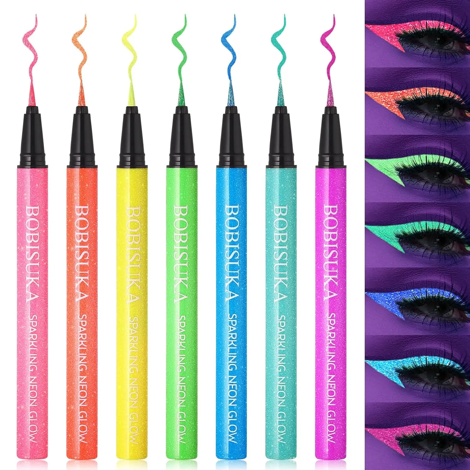 BOBISUKA Neon Eye Liner: UV Glitter Liquid Eyeliner Pencil - Colorful Waterproof Eyeshadow - Rainbow Smudge-proof Eye Makeup Pen Set For Halloween, Party And Birthday