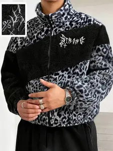 Y2K Streetwear Leopard Print Fleece Zipper Jacket, Unisex Patchwork Warm Lamb Fur Coat, Heavyweight Winter Layering Outerwear