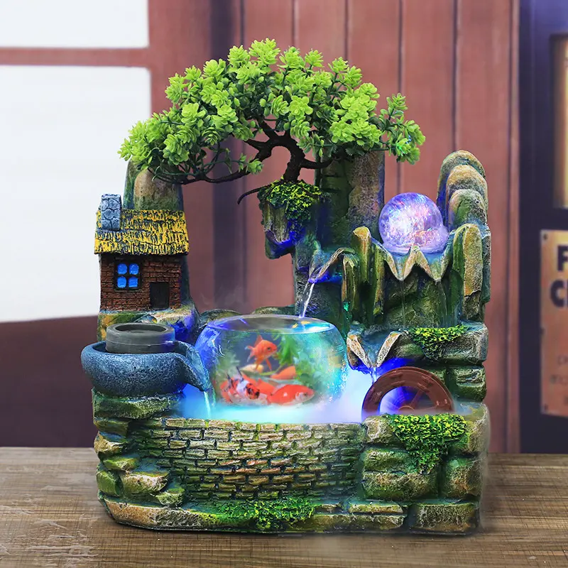 CNCEST Traditional Corded Synthetic Poly Resin Artificial Latticework Miniature Tabletop Water Fountain Statue - 30x20x36 cm Mini Rockery Garden Style, Feng Shui Wheel, Crystal Ball, Landscape Light for Desk Decor, Home Office (Fits TV Cabinets), Figurine