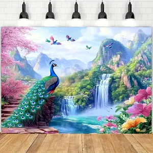 1pc 2D Flat Giant Nature Wonderland Peacock & Fish Pond Backdrop - Vibrant Animal Theme with Lush Greenery, Flowers, and Majestic Mountains, Durable Polyester, No Power Needed, Easy to Hang for Home, Wall, or