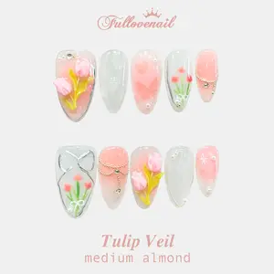 Fullovenail Almond Shape 10 PCS Petal Whisper Handmade Press on Nail REUSABLE 3D Gel Fake Nails Acylic Press on Nail/Summer 2025 reusable colorful art pink flower