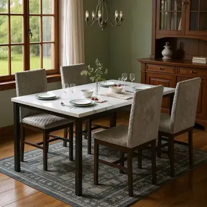 5-Piece Dining Table And Chair Sets, Mid-Century Modern Style Faux Marble Table Top Dining Room Table Set With 4 Diamond Stitching Upholstered Chairs, 4 Person Breakfast Dining Set With Sturdy Metal Frame For Small Spaces