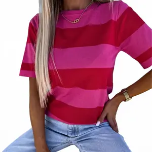 Women's Wide Striped Short Sleeve Knit Top, Casual Crew Neck Color Block Pullover Tee for Spring & Summer, Trendy Basic Clothing for Daily Wear