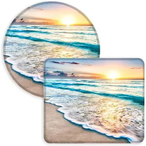 Mouse Pad, Square and Round Mouse Pads, 2,10.3 x 8.7 inch and Dia 8.7 inch, Cute Small Mousepad, Stitched Edge Mouse Pads for Desk, Gaming Mouse Mat for Computer Laptop Office Sunrise Beach